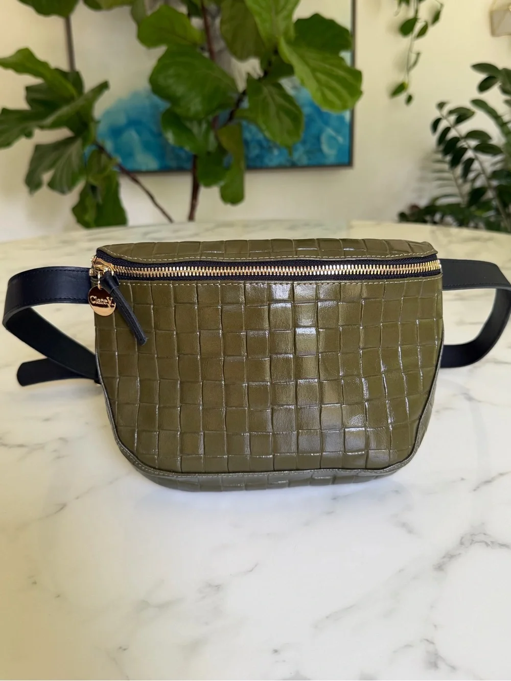 Clare V. Fanny Pack Crossbody Belt Bag Olive Green Croc Embossed Leather - Picture 2 of 8